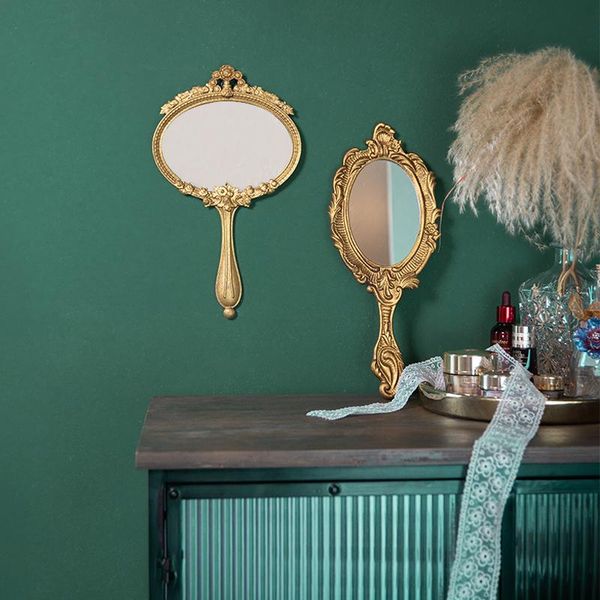 

mirrors french vintage golden carved texture handheld alloy mirror wall hanging makeup dressing pendant decoration ornaments