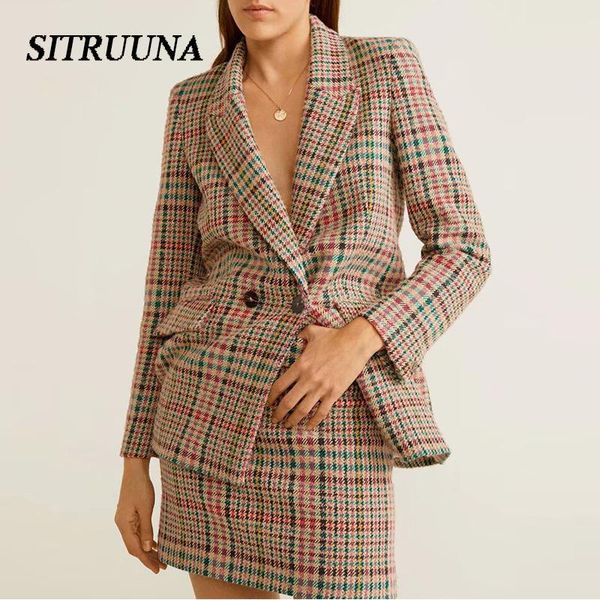 

sitruuna 2021 women skirt suit autumn work office lady two piece set plaid blazer female slim mini skirts single breastered women's sui, White;black