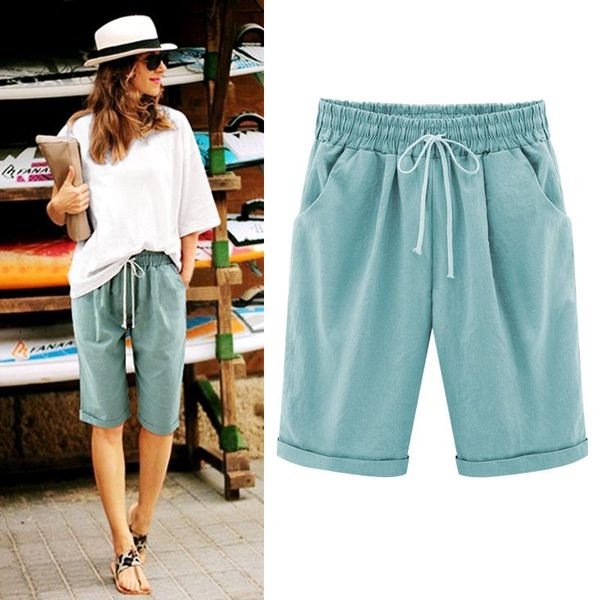 

women's shorts large size summer women solid pocket elastic high waist cotton casual female short plus 6xl, White;black