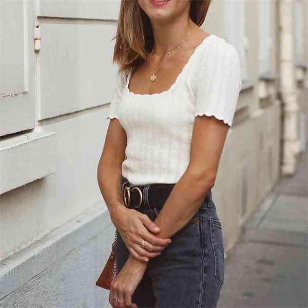 

fancy knitted sweater women elegant summer thin short sleeve square backless chic shirts vintage streetwear sweaters pull 210812, White;black