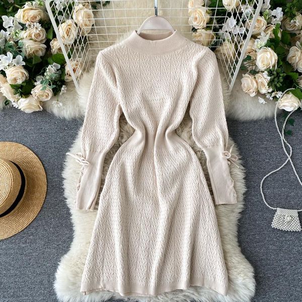 

lace up bandage puff sleeve knitted dress women elegant round neck high waist slim a-line simple sweater autumn vestidos casual dresses, Black;gray