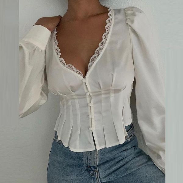 

women's blouses & shirts 2021 lace trim puff sleeve button front bra top, White