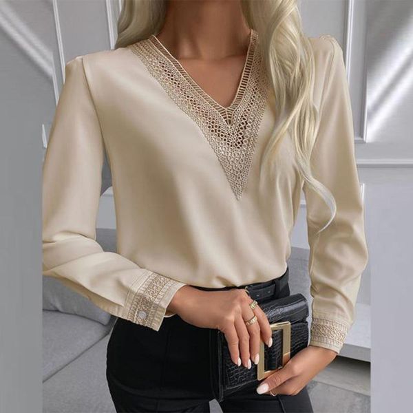 

women's blouses & shirts women blouse 2021 lace long sleeve v-neck spring autumn patchwork casual slim ladies harajuku shirt blusa femi, White