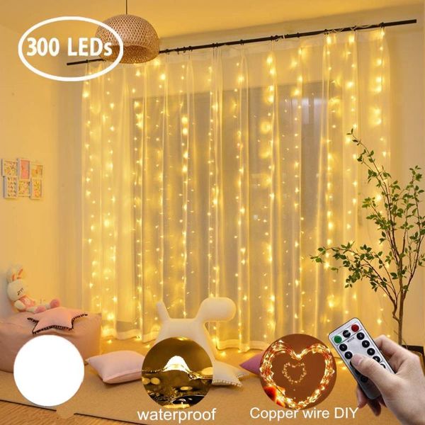 

strings curtain led 3x3m 300led string light usb fairy icicle copper wire remote control christmas wedding garden window outside