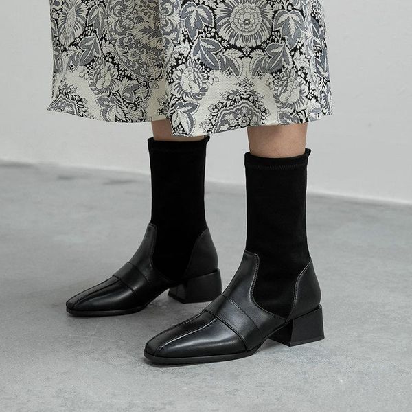 

woman flat boots winter footwear round toe shoes boots-women low 2021 mid calf rock rubber ladies autumn mid-calf basic fabric, Black