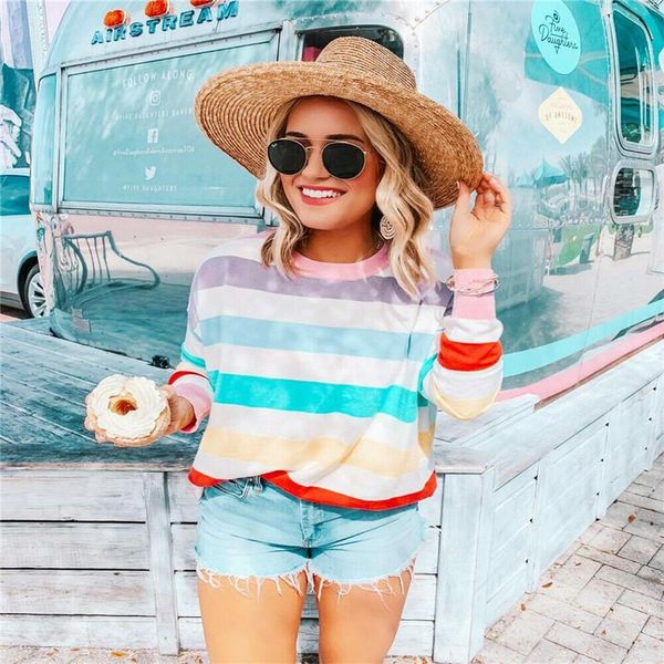

women's t-shirt fashion casual women clothes pre-fall long sleeve crew neck rainbow striped ladies, White