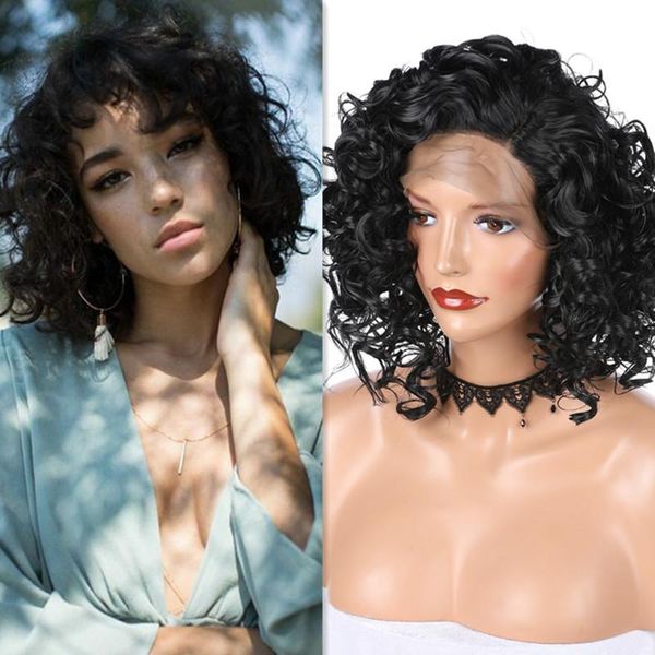

short synthetic hair wigs for black women curly lace front wig with baby preplucked heat resistant