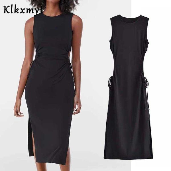 

klkxmyt za women elegant sleeveless hollow out knitted dress female waist lace up hem slit vestidos chic midi dresses 210527, Black;gray