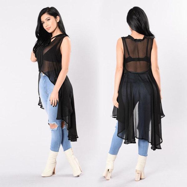 

womens transparent fluoroscopy sleeveless see through loose blouse casual bandage bow tie long shirt summer women's blouses & shir, White