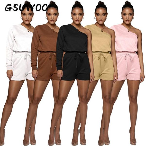 

women's tracksuits gsuwoo women oblique shoulder irregular sweatshirt drawstring shorts suit autumn fashion casual sports two-piece out, Gray