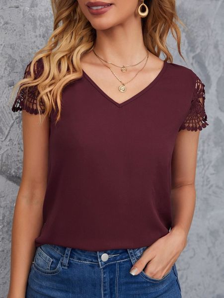 

v neck contrast guipure lace panel blouse s39v#, White