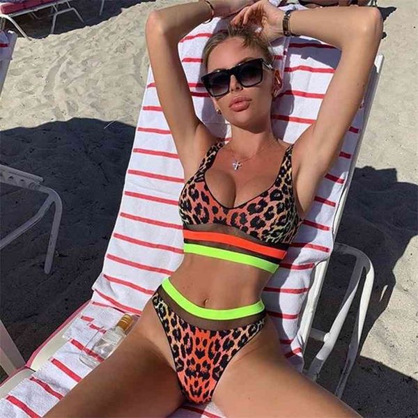 Сексуальный леопард напечатанный бикини купальники женщины толчок купальника сетки набор высокой талии купальный костюм пляжная одежда плавание 210625