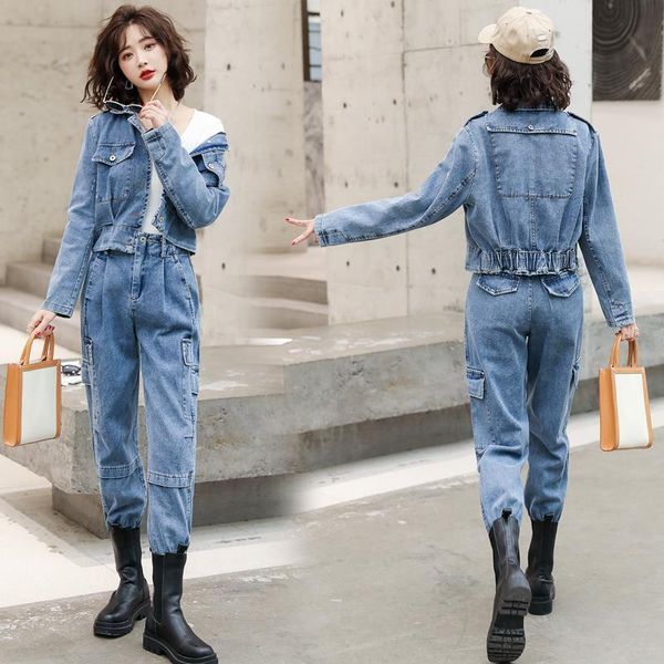 

women's two piece pants women 2021 spring autumn denim clothing set cowboy jacket + casual 2 jeans sets vintage suit b231, White