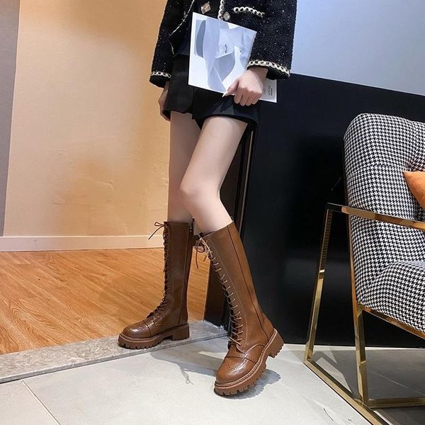 

boots winter women's autumn black 2021 lace up knee high long