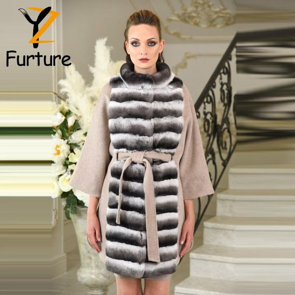 

women's fur & faux 2021 fashion wool jackets with real collar nature chinchilla rex coats for women winter autumn outer garment, Black