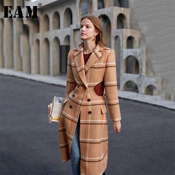 

[eam] loose fit plaid hollow out temperament woolen coat parkas long sleeve women fashion spring autumn 1k908 211020, Black