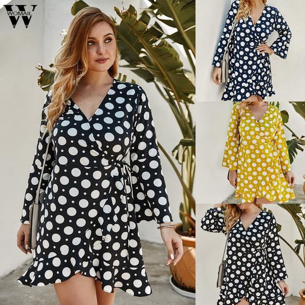 

womail dresses high waist elastic party dress a-line women full sleeve dot print floral bohemian female vestidos d30 casual, Black;gray