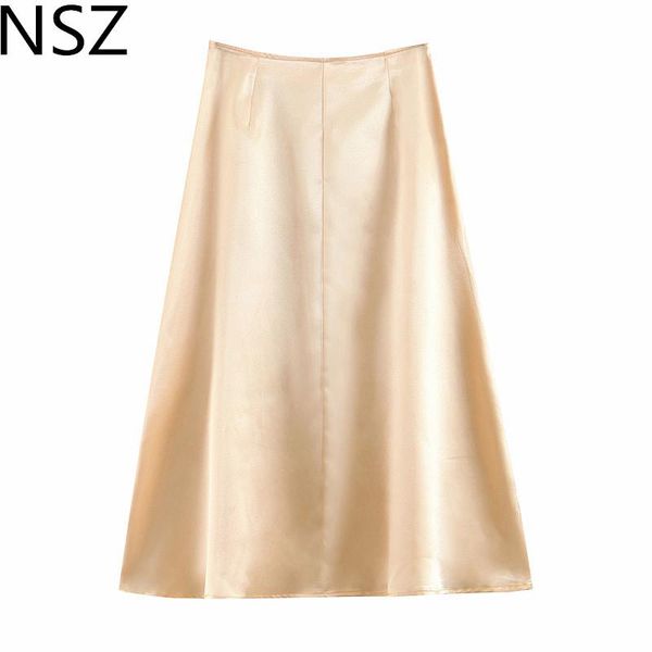 

skirts nsz women satin skirt high waist summer midi zipper a-line, Black
