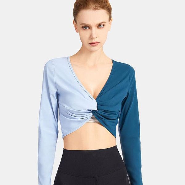 

yoga outfit women cotton shirts long sleeve v-collar slim quick dry cross-back sports shirt running t-shirt fitness clothing
