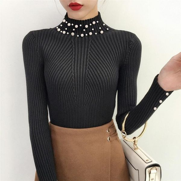 

women's sweaters autumn winter women turtleneck knitted sweater beading solid color pullovers slim, White;black