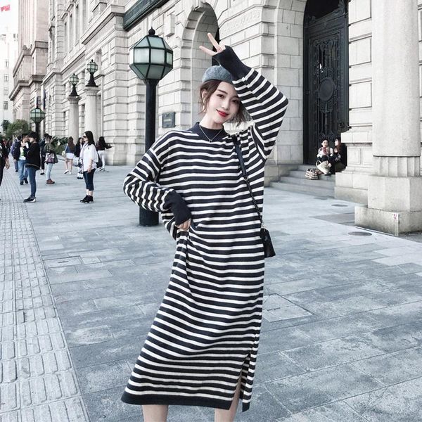 

casual dresses junelove women autumn long sleeve sweater dress vintage striped female loose maxi street lady knitted vestidos, Black;gray