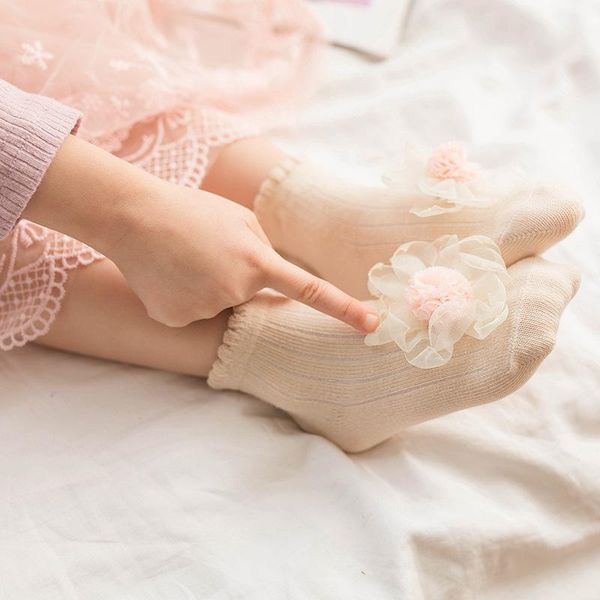 

baby socks spring and autumn boy cotton lace flowers girl princess non-slip glue children, Pink;yellow