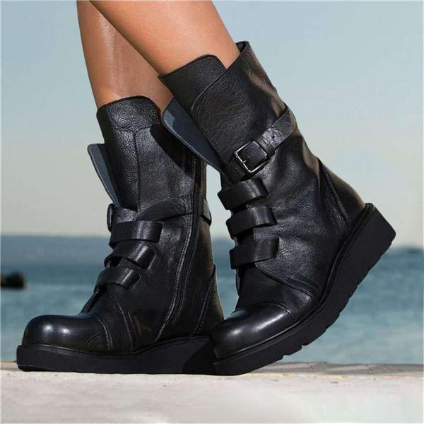 

boots retro ladies pu mid calf wedges shoes fashion buckle solid color women plus size, Black