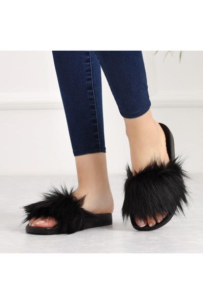 

women's black shaggy home slipper slippers