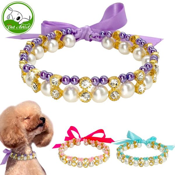 

dog apparel 2 row fashion pearl puppy necklace jeweled rhinestone cat collar crystal diamante charm pet accessory with bow tie pink