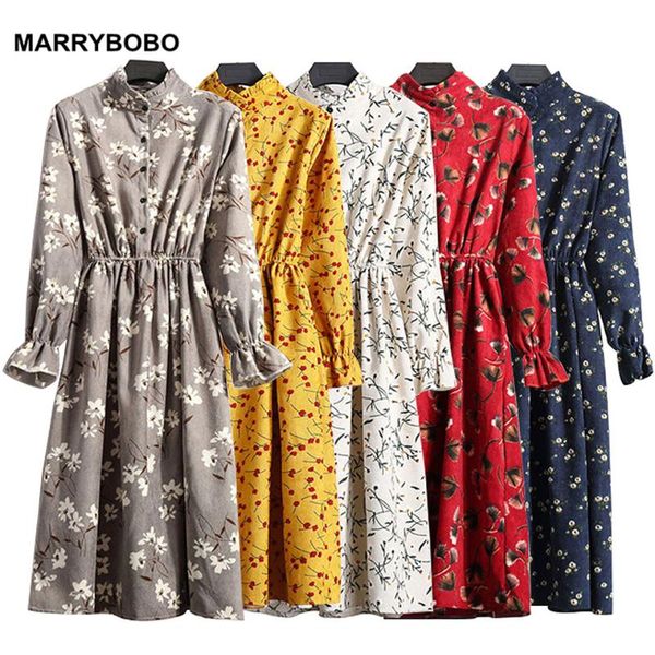 

casual dresses 2021 autumn winter fashion women floral corduroy dress female flare sleeve retro elegant lady midi party, Black;gray