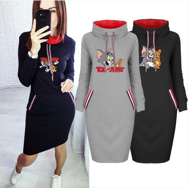 

cartoon jerry mouse cat womens dress tom print bodycon fall winter plus size casual dresses long sleeve robes elegant vestidos, Black;gray