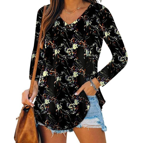 

women's t-shirt long sleeve loose floral print women casual v neck tshirt ladies autumn tee spring shirts pullover female clothes, White