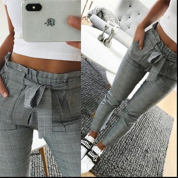 

european american high waist plaid women pants pencil gray all match casual small feet woman long, Black;white
