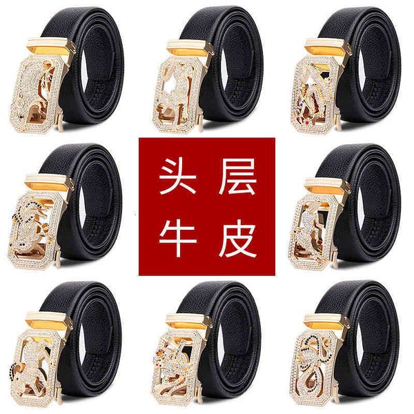 

zodiac kwai twee men's first dot drill automatically buckle leather belt tiktok live broadcast, Black;brown