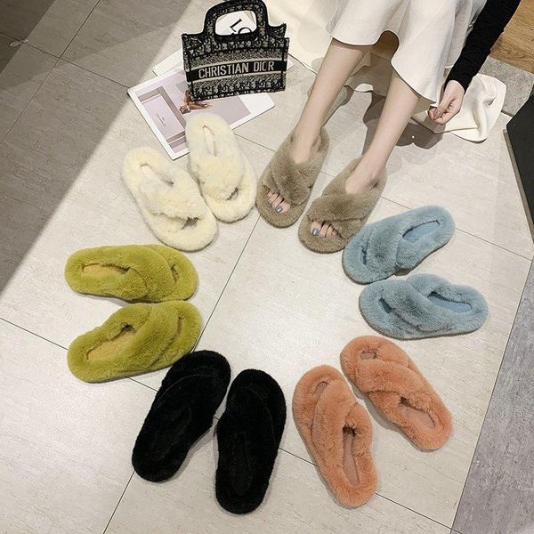 

winter women house furry slippers fashion faux fur warm shoes slip on flats female home plush, Black