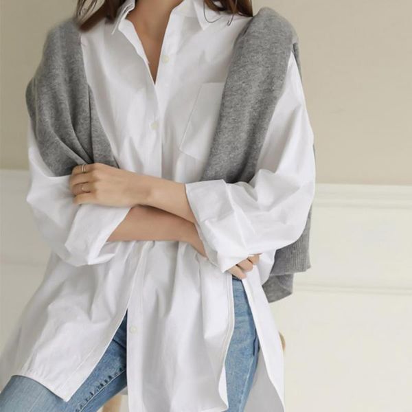 

women's blouses & shirts women turn-down collar cotton long sleeve blouse for leisure spring autumn female loose oversized 3 colors, White