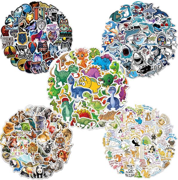 5 Estilo de grupo Adesivos dos desenhos animados Kids Decalque Jogo Tiranossauro Dinossauro 3D O animal selvagem Lobo Cool Tubarão Fadas Conto Animais 50 pcs No-repetição PVC Etiqueta