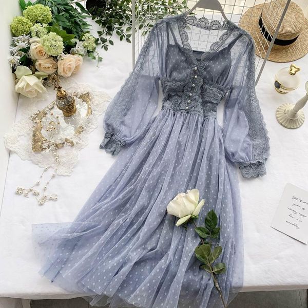 

casual dresses tulle dress mesh polka dot vintage retro autumn long sleeve fall christmas lace deep v neck clothing 2021 elegant, Black;gray