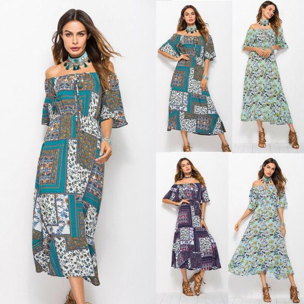 

casual dresses women summer boho style midi dress evening party print, Black;gray