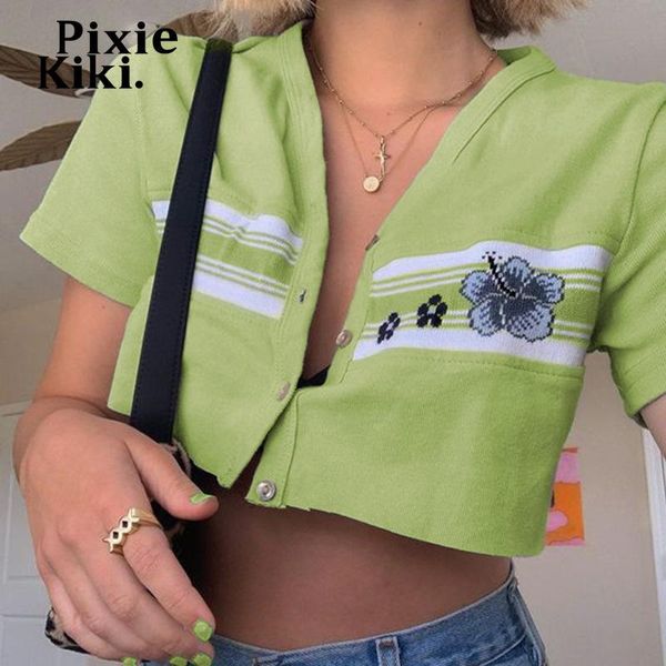 

women's t-shirt pixiekiki cute floral print green knitted graphic t shirts baby tee y2k streetwear short sleeve cardigan crop p84-bd11, White