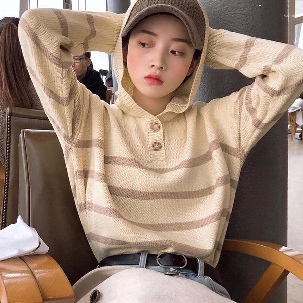 

women's sweaters harajuku autumn 2021 winter clothes korean style women sweater fashion personality vintage striped button knitted, White;black