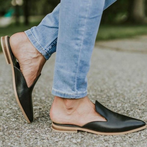

leather women low heel slippers fashion mule shoes pointed toe slides patchwork sandal ladies zapatos mujer 2021, Black