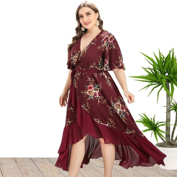 

plus size dresses 2021 summer women dress v-neck oversize ruffle edge printing lace up waist casual beach style party clothes, Black