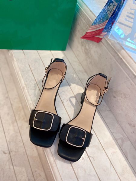 

sandals summer mid-heel square buckle rhinestone one word thick heel bag women's shoes korean high 01, Black