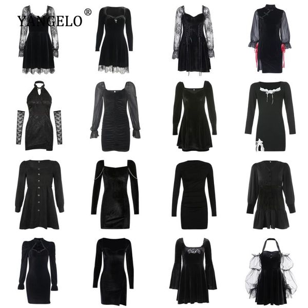 

casual dresses 2021 autumn gothic dress vintage lantern lace ruffle sleeve velvet mini dark black for female clothes, Black;gray