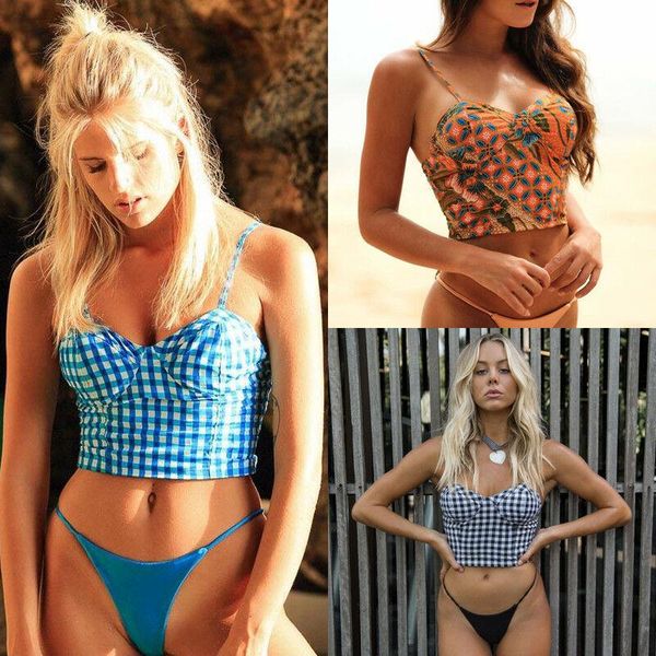 

one-piece suits fashion summer women push-up padded bandage bikini set swimsuit plaid floral swimwear separate two-piece ladies bathing