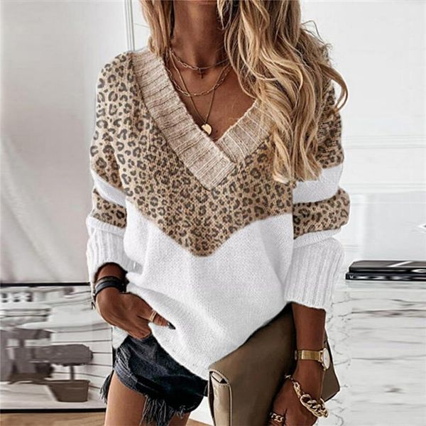 

women's sweaters sweater women v-neck leopard knitted animal print autumn winter female pullovers casual oversized jumpers, White;black