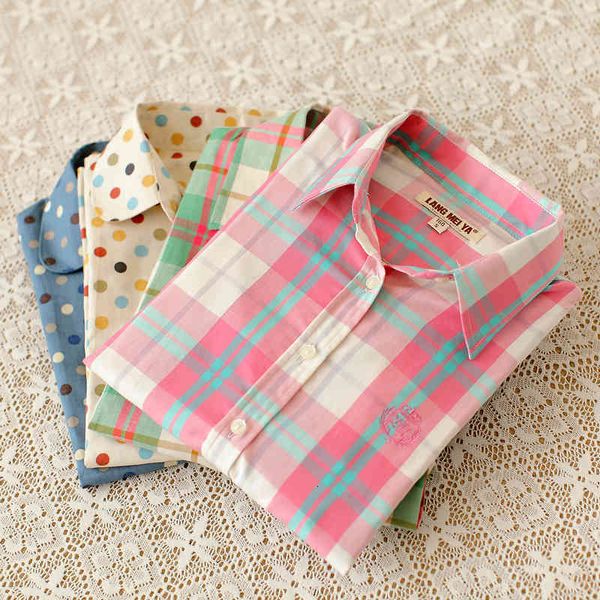 

women's blouses & shirts kumeiya autumn plaid female college style long sleeve 100% cotton ladies office u1ob, White