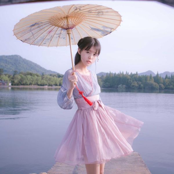 

casual dresses "xianglong'an" women's chinese style hanfu cross collar 2pcs set dress waist belt chiffon cute, Black;gray