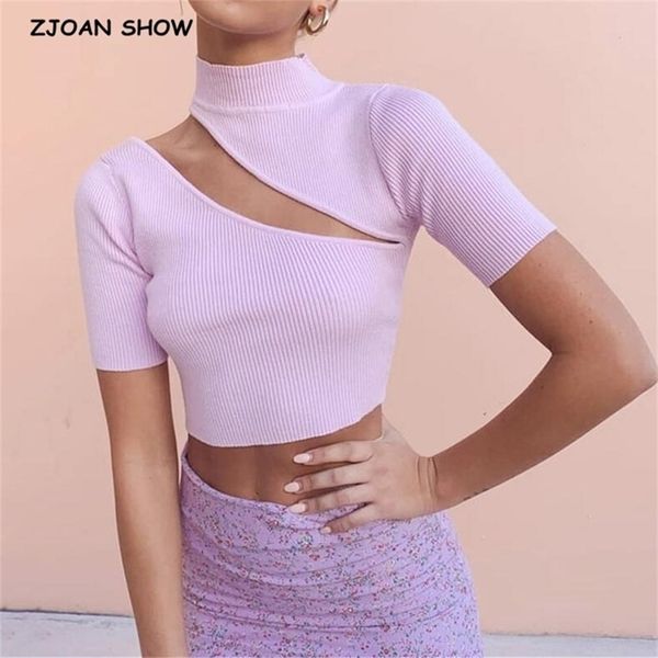 

slit high neck ribbed knitted t-shirt candy color women short sleeve stretch tshirt ladies streetwear white crop 210429